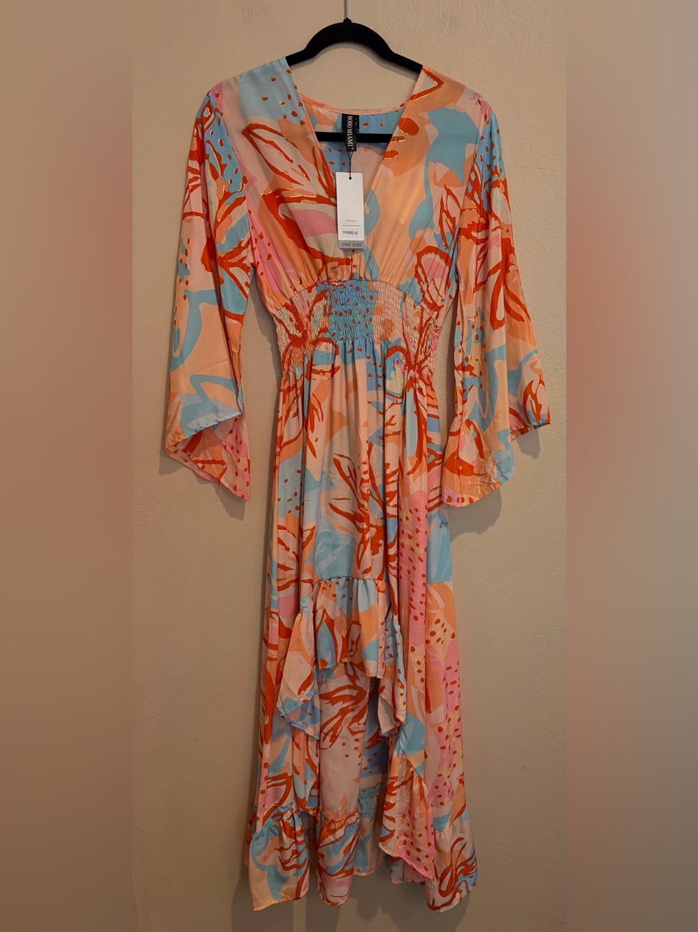 Summery Peachy Floral Maxi Dress with Swirls of Blue and Orange, NWT size S/M